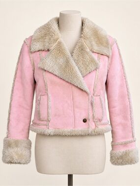 Southpole Pink Faux Shearling Jacket XL Y2K Cropped Fur Trim Coat